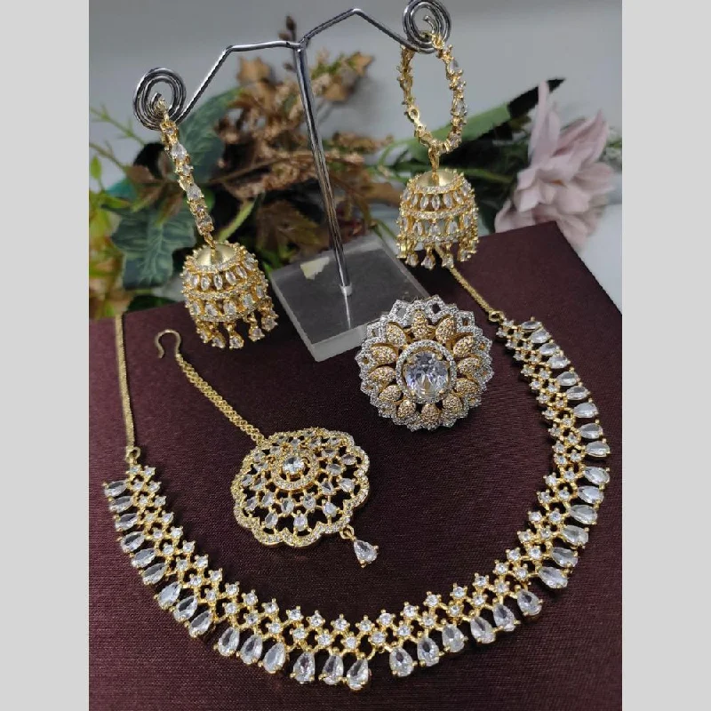 Classic Silver Chain Necklaces-Aamrapali Gold Plated American Diamond Necklace Set With Ring