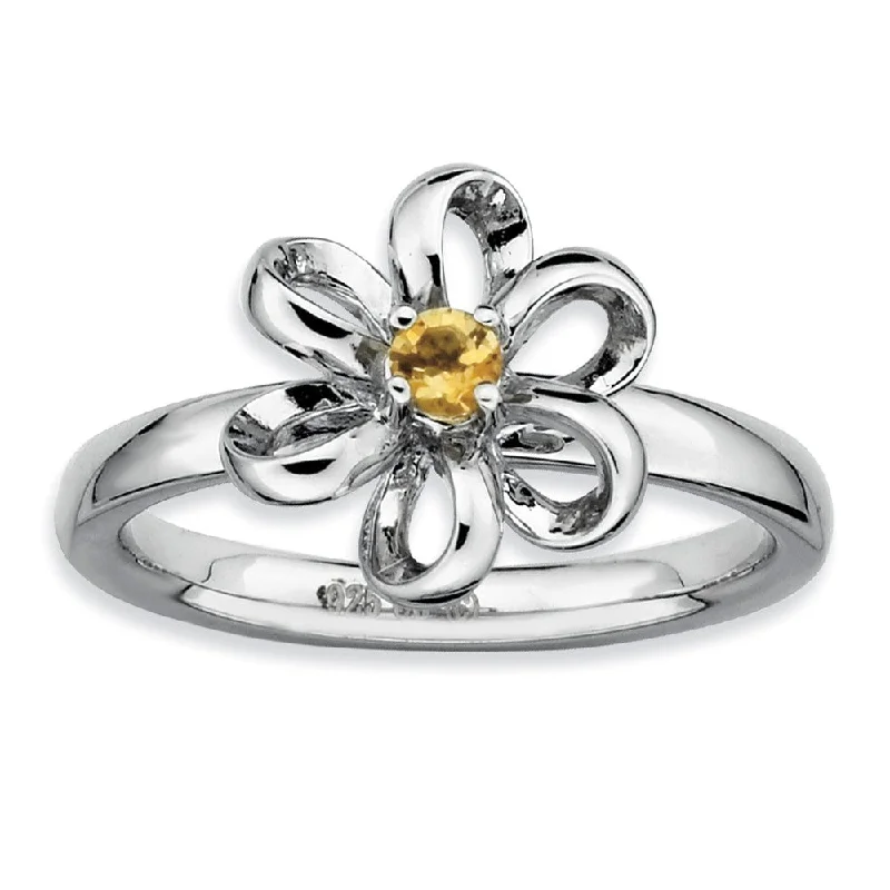 Custom Wedding Sets-Silver Stackable 12mm 1/10 Carat Citrine Flower Ring