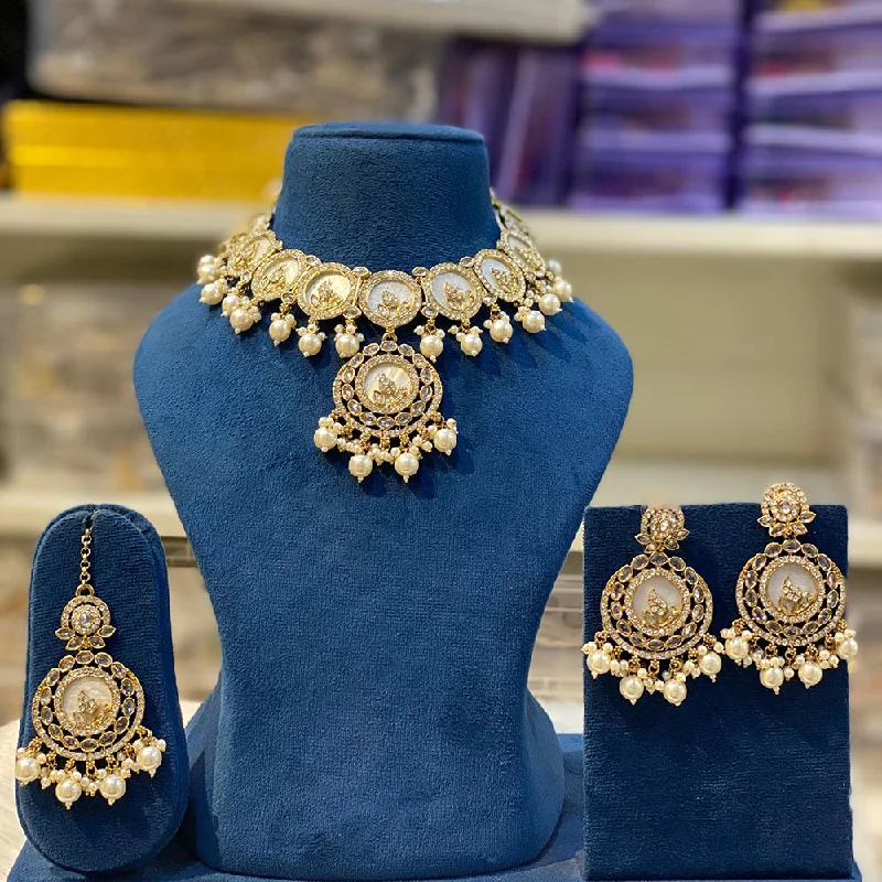 Sparkling Gold Chain Necklaces-Hira Collections Gold Plated Crystal Stone And Pearls Necklace Set