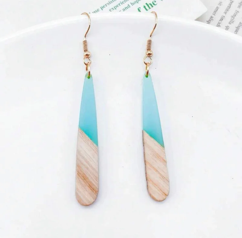 Trendy Earrings for Women-Gorgeous Wood and Light Blue Resin Bar Earrings