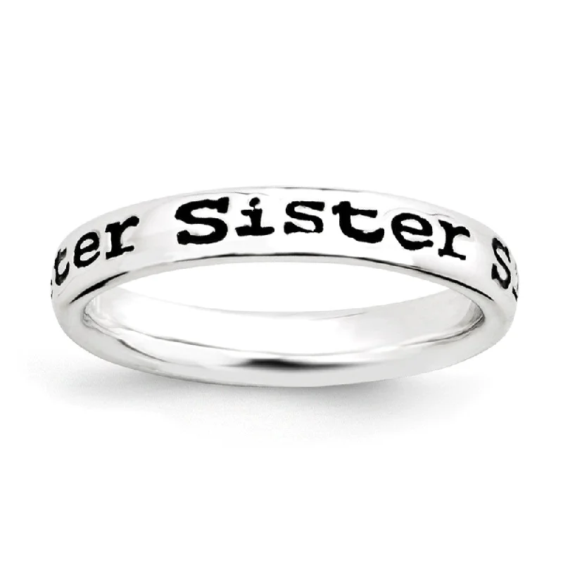 Solitaire Diamond Rings-3.5mm Sterling Silver Stackable Black Enamel Sister Script Band