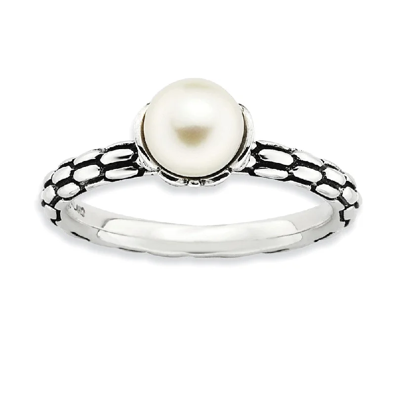 Beautiful Wedding Ring Sets-FW Cultured Pearl Sterling Silver Stackable Antiqued Ring (6.0-6.5mm)