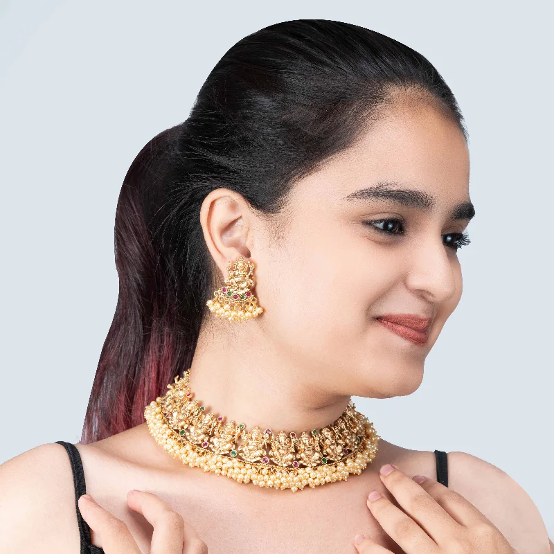 Colorful Necklace Pendants-Nipura Golden Shree Ganesh Pearl Necklace set