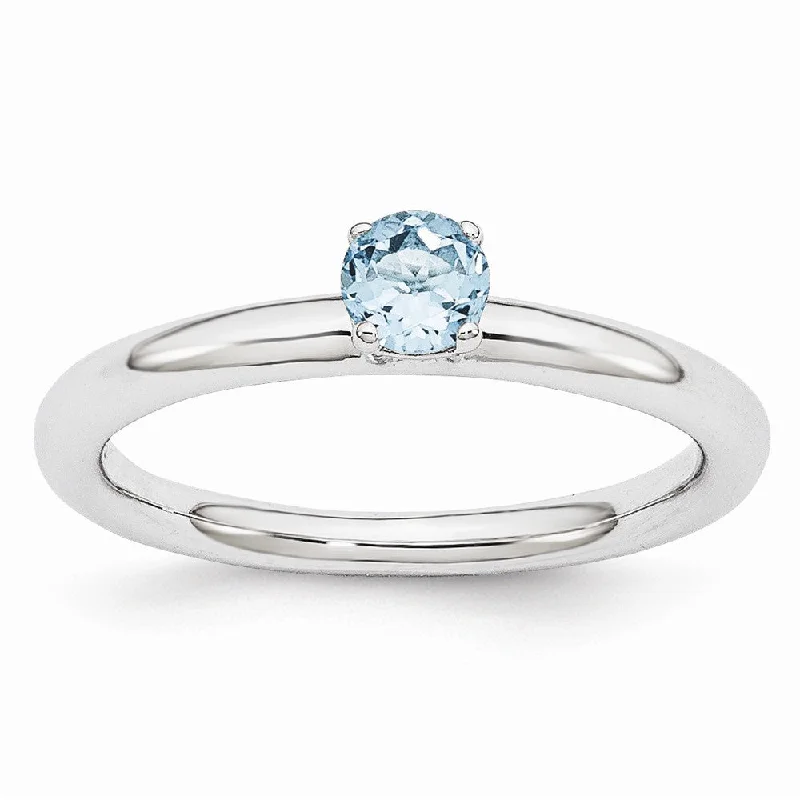 Customizable Engagement Bands-Rhodium Plated Sterling Silver Stackable 4mm Round Blue Topaz Ring