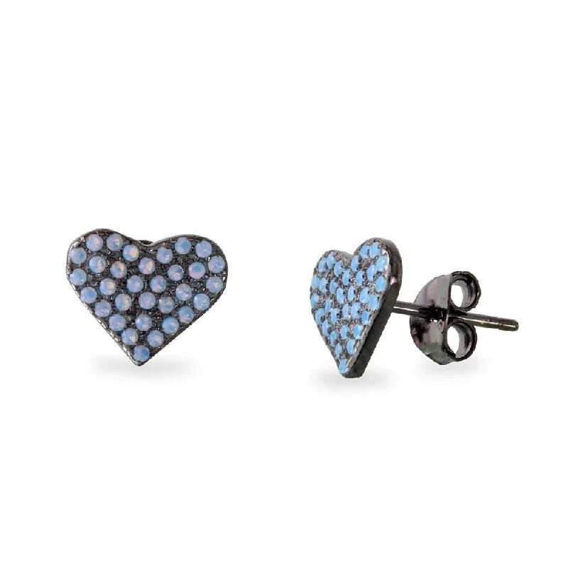 Crystal Stud Earrings-Black Rhodium Plated 925 Sterling Silver Heart Earrings with Round Blue CZ - BGE00540