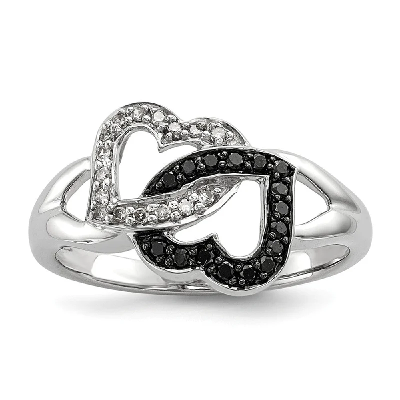 Antique Gold Rings-1/8 Ctw Black & White Diamond Double Heart Ring in Sterling Silver