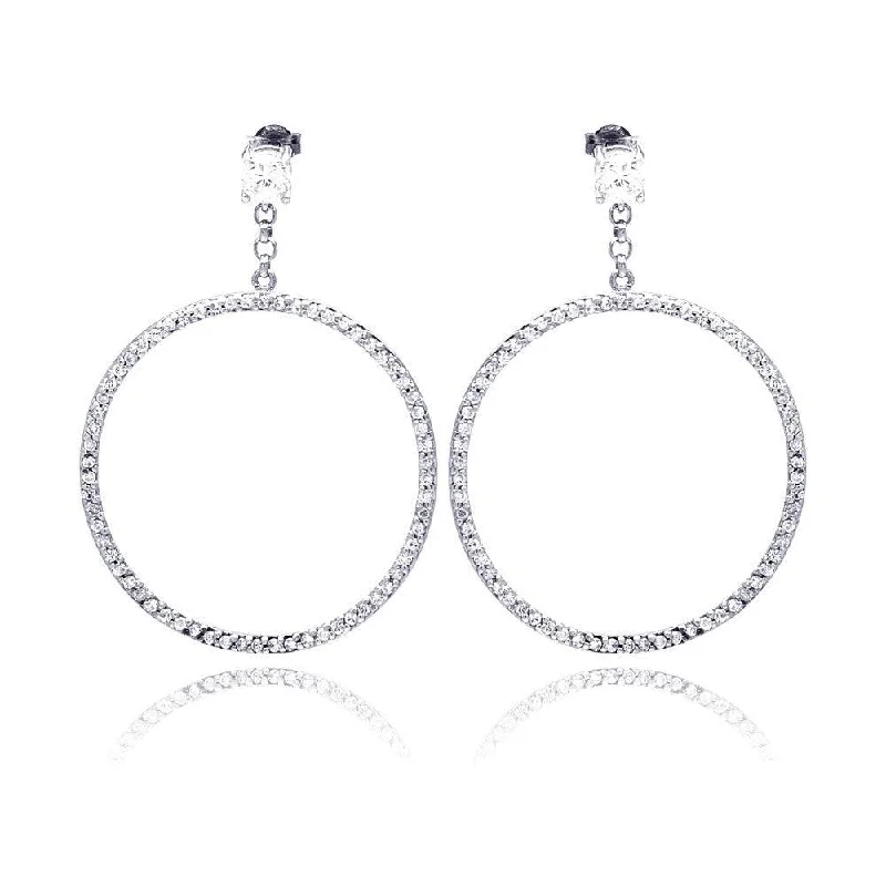 Statement Earrings for Weddings-Clearance-Silver 925 Rhodium Plated Round CZ Dangling Earrings - STE00510