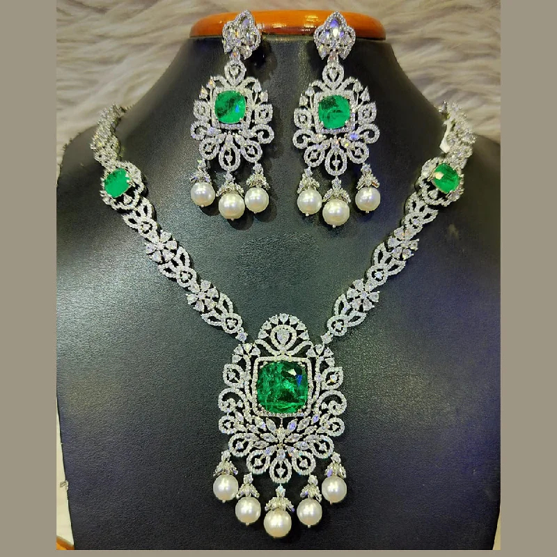 Simple Gemstone Pendant Necklaces-Jain Jewellers Silver Plated AD Necklace Set