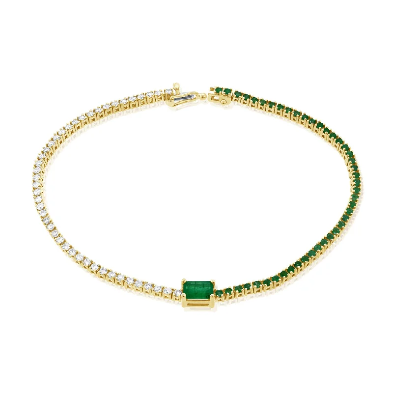 Handmade Silver Bracelets-Half Diamond & Half Emerald Tennis Bracelet set in 14kt Gold