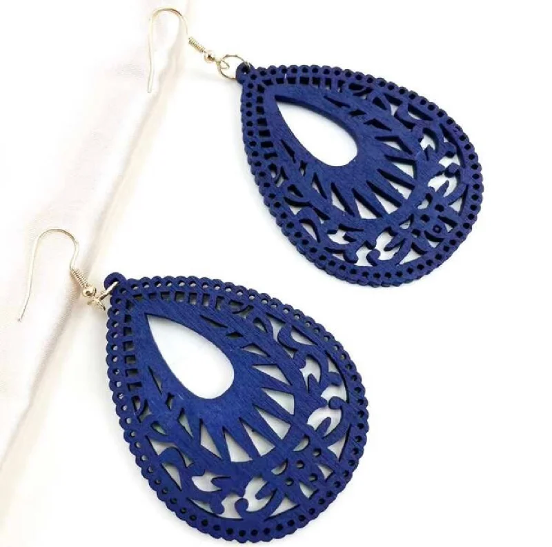 Glittery Silver Earrings-Beautiful Navy Blue Wooden Drop Earrings