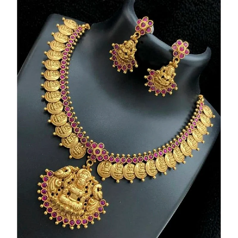 Delicate Heart Necklaces-India Art Gold Plated Pink Pota Stone Traditional Necklace Set