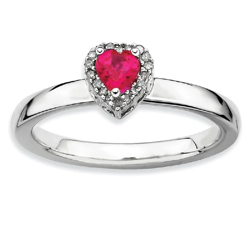 Engagement Rings with Emerald-Sterling Silver Created Ruby & 1/20 Ctw Diamond Stackable Heart Ring