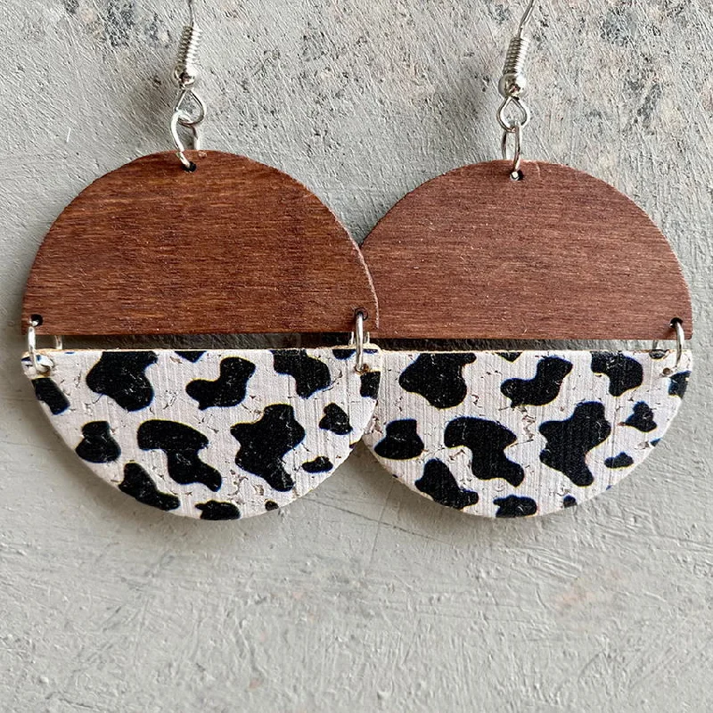 Contemporary Earrings-Wood and Cork Cow Print Split Circle Geometric Earrings