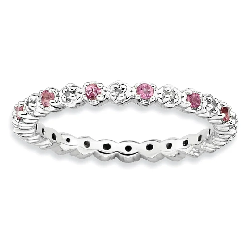 Women’s Statement Rings-2.25mm Stackable Pink Tourmaline & .04Ctw HI/I3 Diamond Silver Band