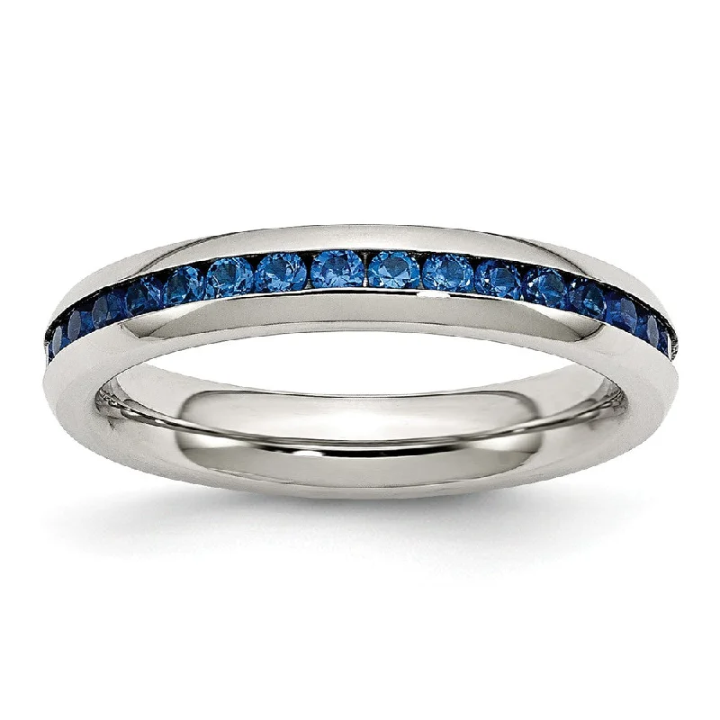 Classic Engagement Ring Bands-4mm Stainless Steel And Blue Cubic Zirconia Stackable Band