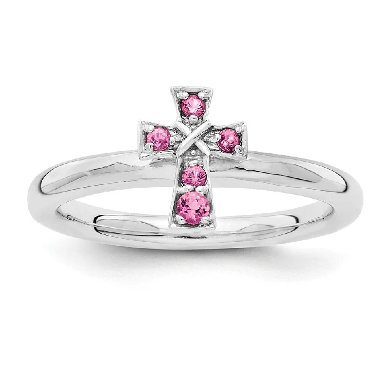 Custom Bridal Rings-Rhodium Sterling Silver Stackable Pink Tourmaline 9mm Cross Ring