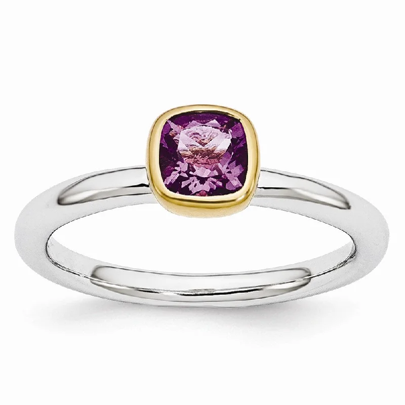 Beautiful Wedding Rings-Two Tone Sterling Silver Stackable 5mm Cushion Amethyst Ring