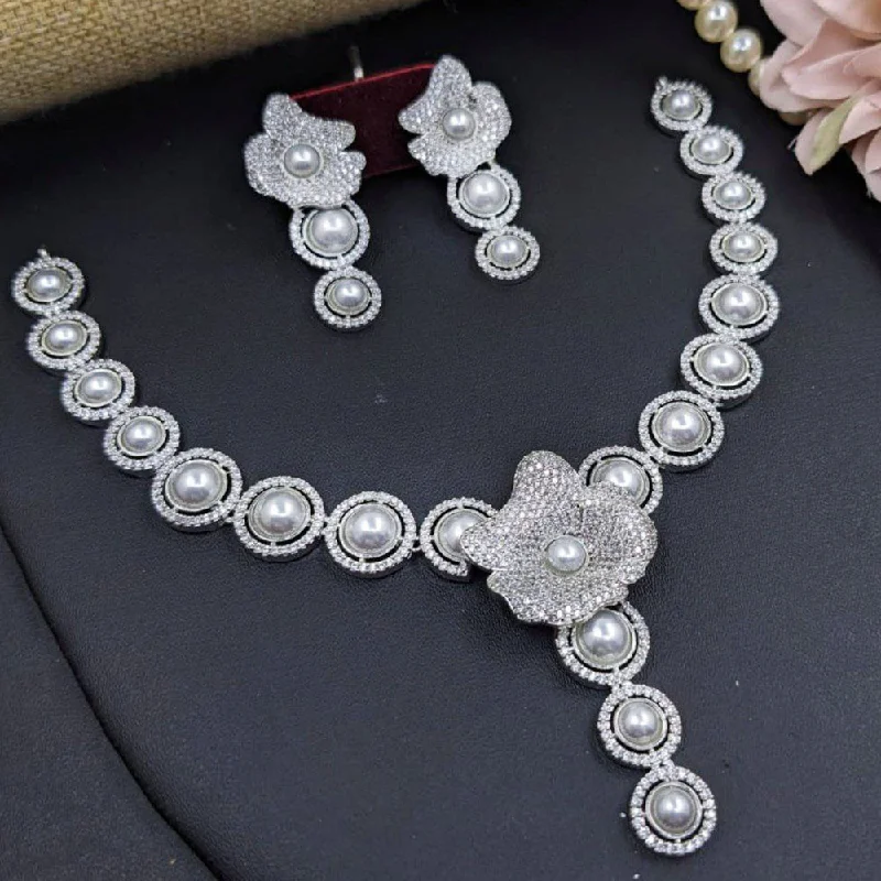 Cute Pearl Necklaces-Aamrapali Silver Plated American Diamond And Beads Necklace Set