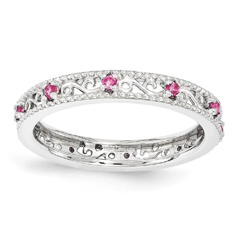 Designer Wedding Rings-3mm Sterling Silver Stackable Created Pink Sapphire Scroll Band