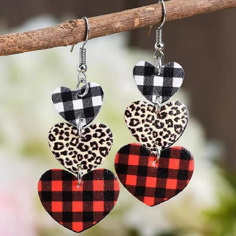 Fashionable Ear Cuffs-Valentine's Day Heart Shaped Red Plaid Leather Earrings