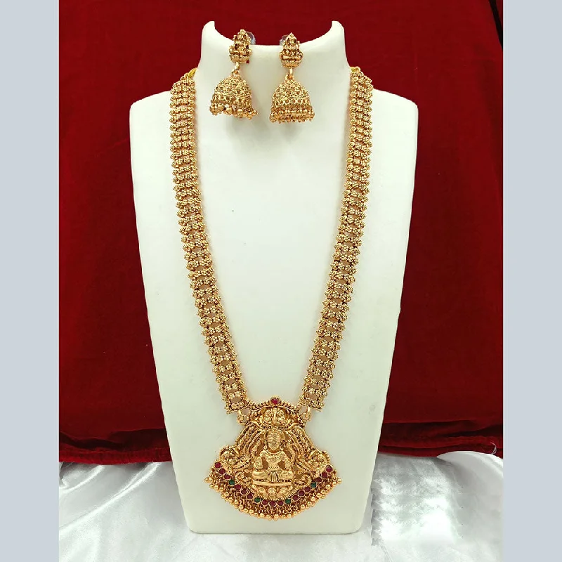 Fashionable Necklaces for Women-Joyful Jewel Art Matte Gold Plated Pota Stone Temple Long Necklace Set