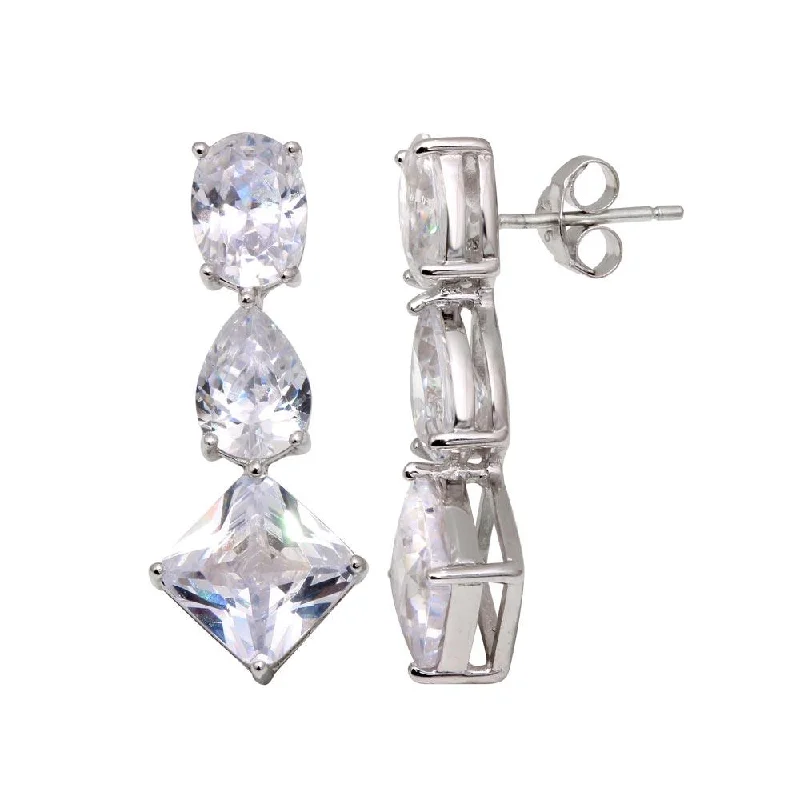 Simple Stud Earrings-Silver 925 Rhodium Plated Three Graduated CZ Dangling Earrings - STE00250