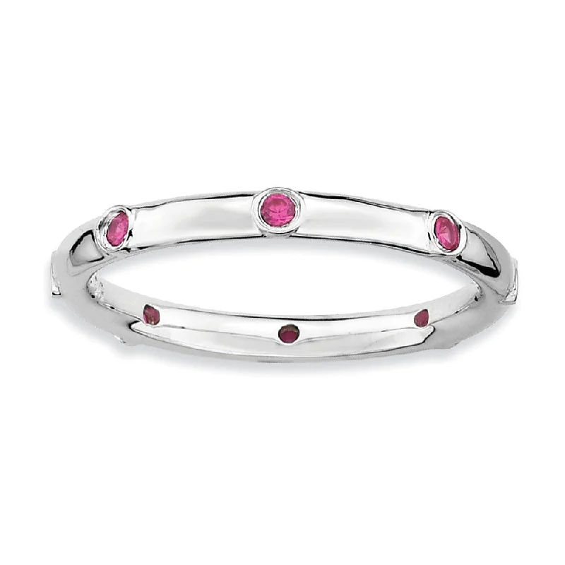 Handcrafted Diamond Rings-Sterling Silver Stackable Created Ruby 2.25mm Band