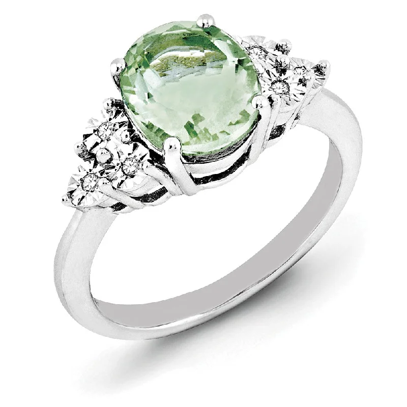 Custom Silver Engagement Rings-Oval Green Quartz & .03 Ctw Diamond Ring in Sterling Silver