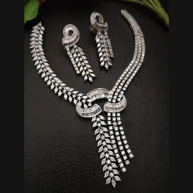 Artistic Silver Necklaces-FS Collection Silver Plated American Diamond Necklace Set