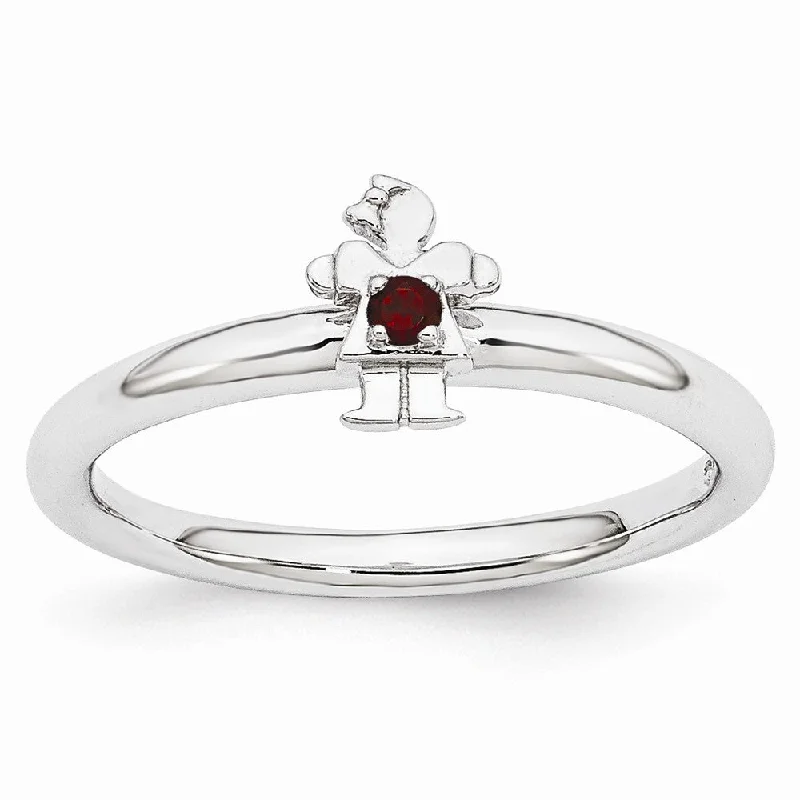 Personalized Silver Rings-Rhodium Plated Sterling Silver Stackable Garnet 7mm Girl Ring