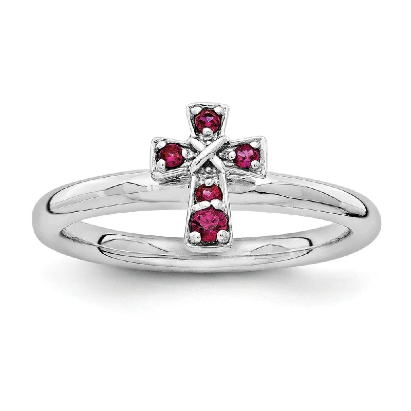 Personalized Wedding Rings-Rhodium Plated Sterling Silver Stackable Created Ruby 9mm Cross Ring