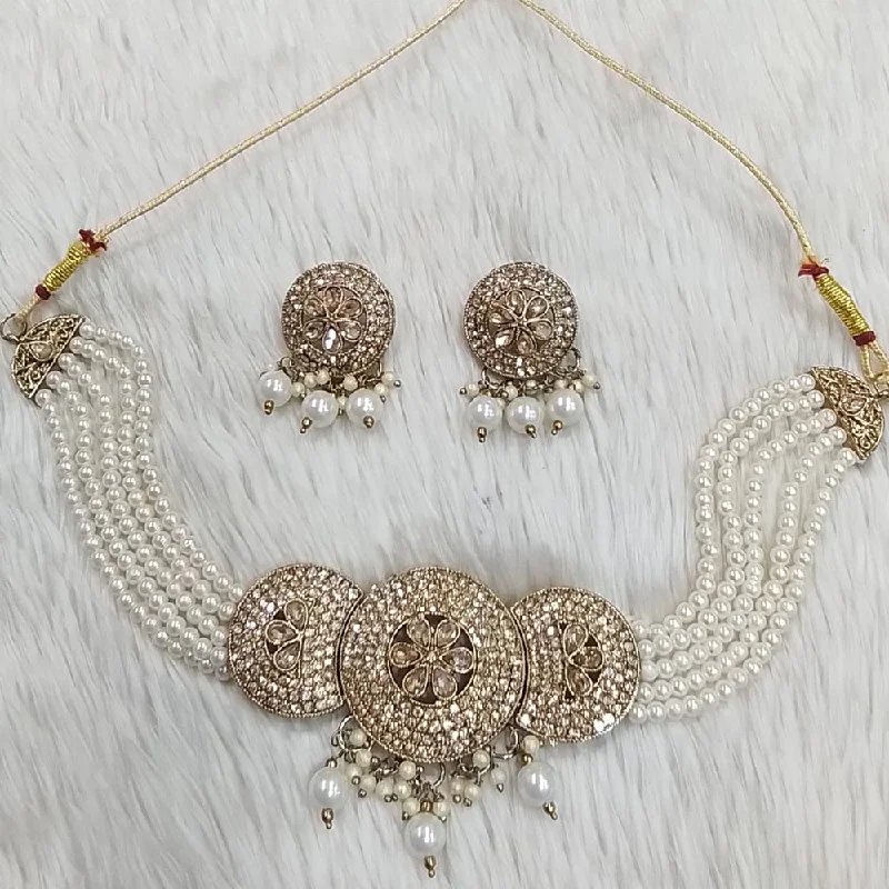 Elegant Long Necklaces-Rudraksh Art Gold Plated Crystal Stone Pearls And Beads Choker Necklace Set