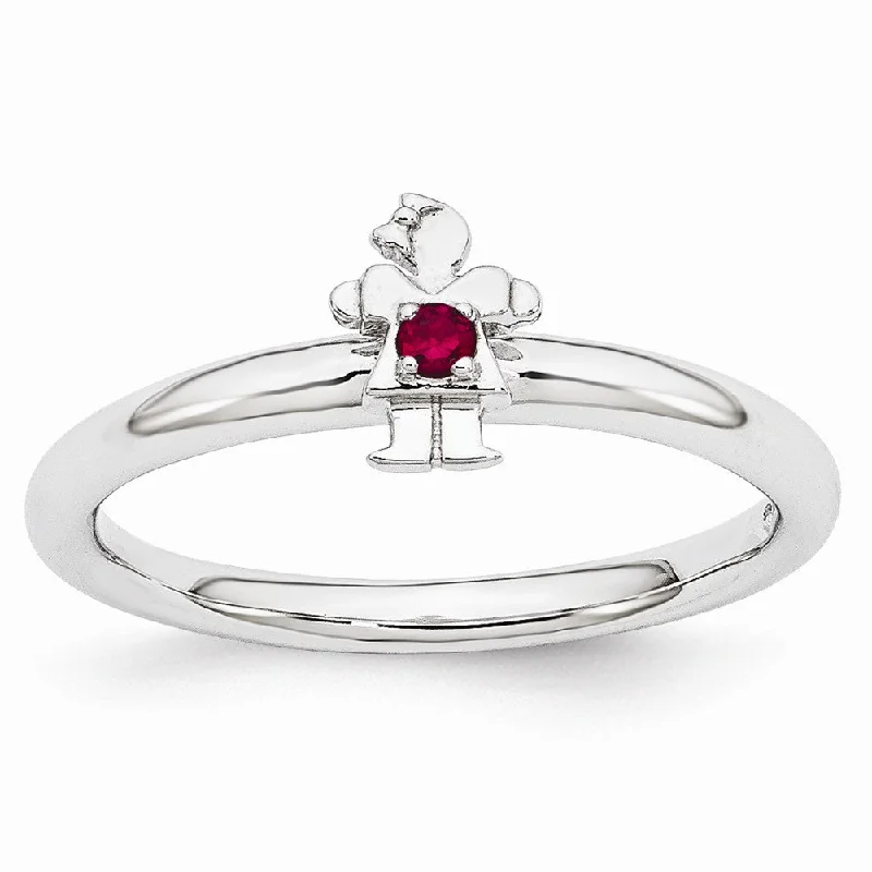 Designer Diamond Rings-Rhodium Plated Sterling Silver Stackable Created Ruby 7mm Girl Ring