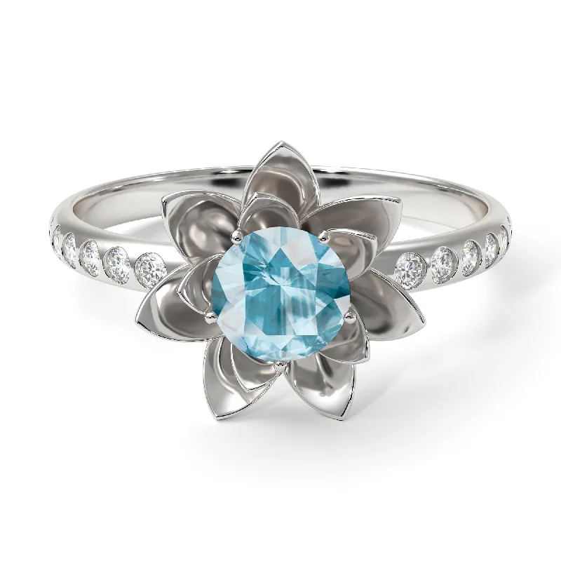 Diamond Engagement Rings-Lotus Flower Aquamarine ring - Lotus no. 403