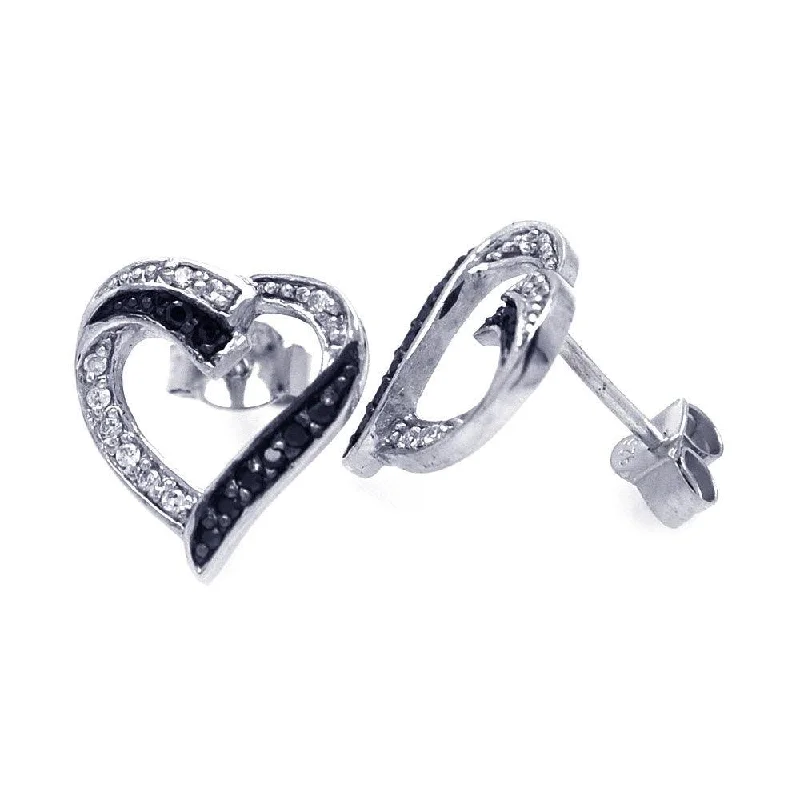 Bold Statement Earrings-Silver 925 Black and Silver Rhodium Plated Round Clear CZ Heart Post Earrings - STE00701