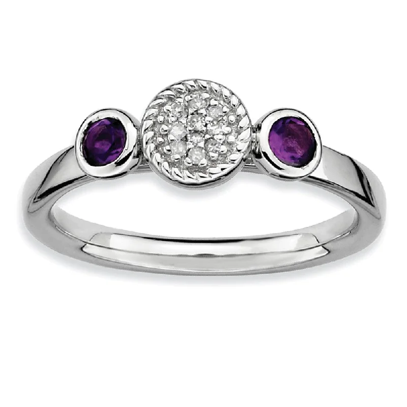 Luxury Diamond Wedding Rings-Rhodium Plate Sterling Silver Stackable Amethyst, .04 Ctw Diamond Ring