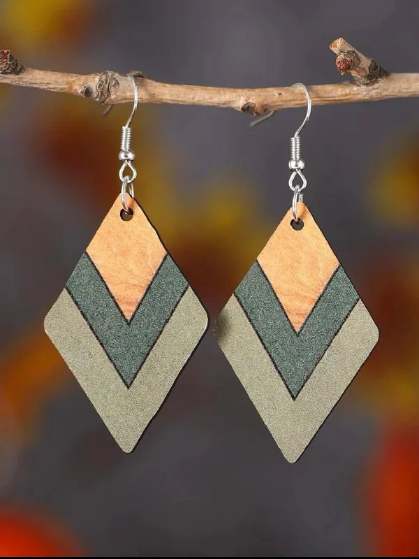 Vintage Gemstone Earrings-Wooden Rhombus Drop Earrings