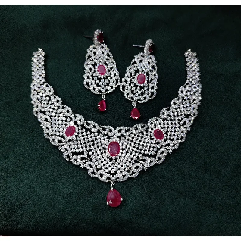 High-End Gold Necklaces-Akruti Collection Silver Plated American Diamond Necklace Set