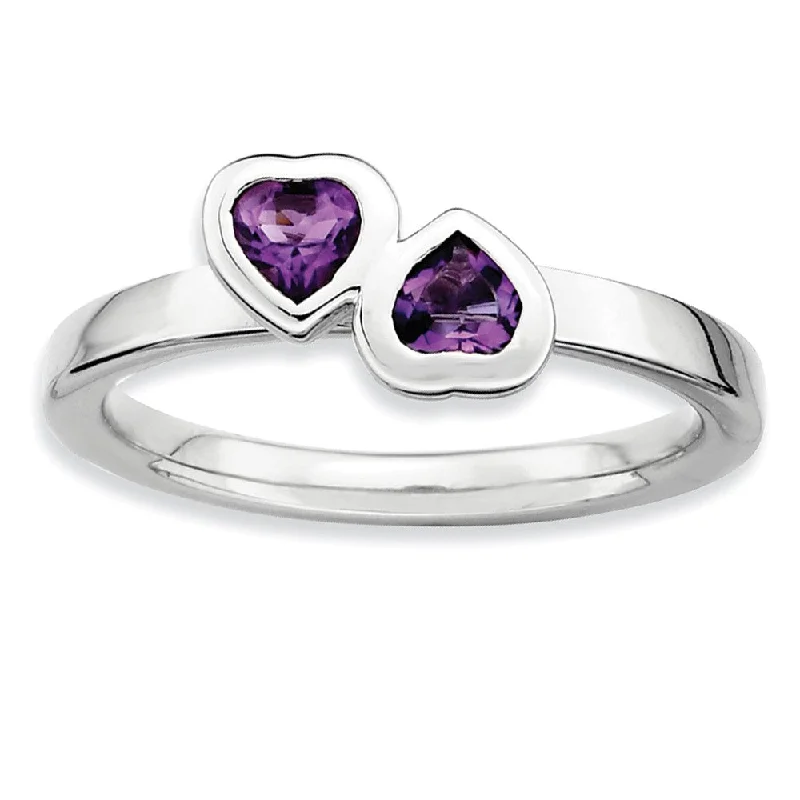 Bridal Diamond Rings-Rhodium Plated Sterling Silver & Amethyst Stackable 2 Stone Heart Ring