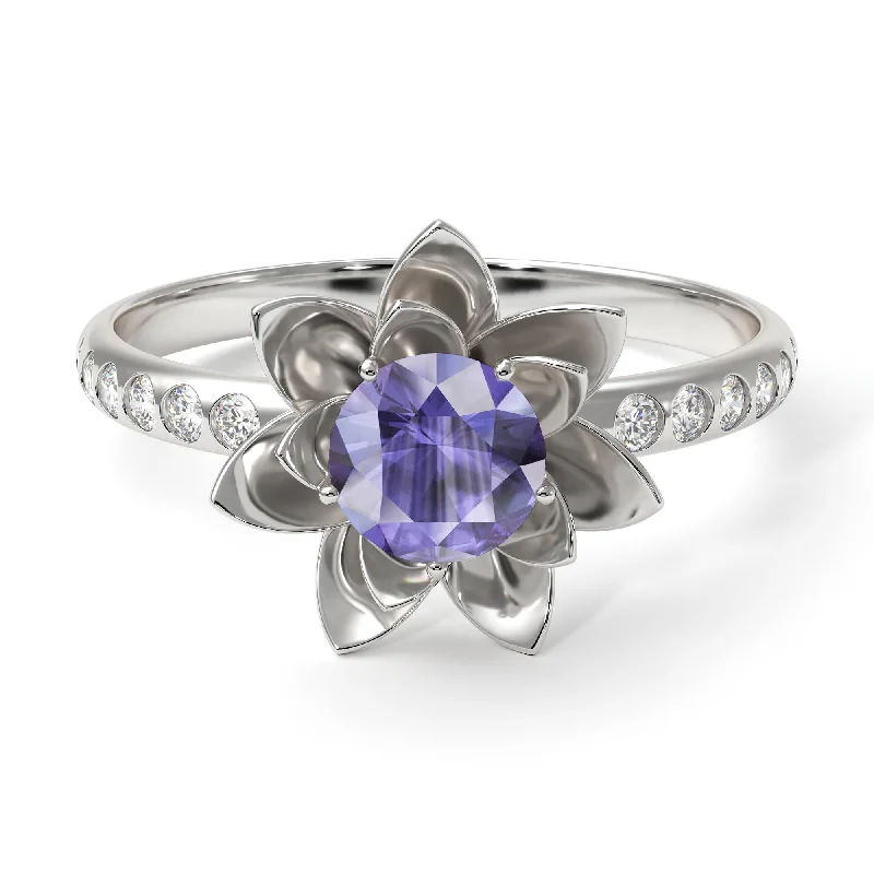 Custom Name Rings-Lotus Flower Tanzanite ring - Lotus no. 203