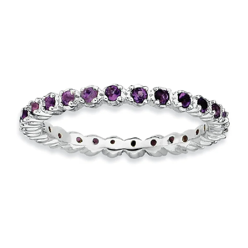 Bohemian Style Rings-2.25mm Sterling Silver Stackable Prong Set Amethyst Band