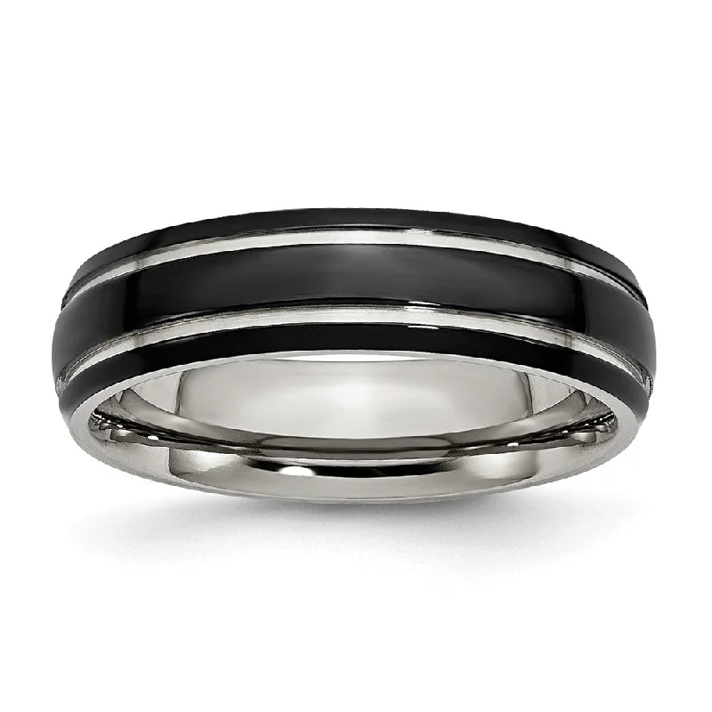 Fashionable Wedding Ring Sets-6mm Black Plated Stainless Steel Domed Grooved Comfort Fit Band