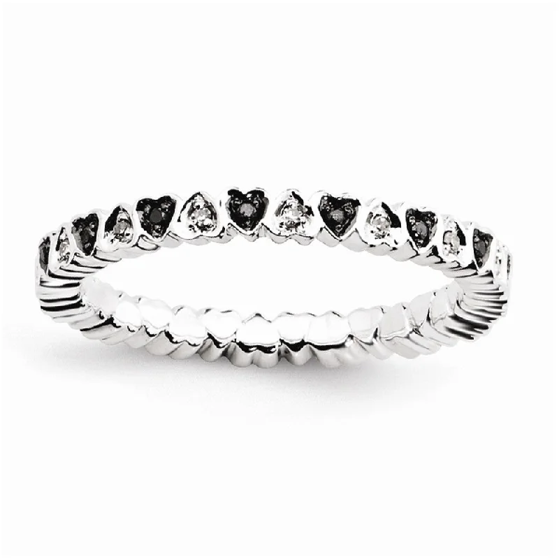 Sterling Silver Rings-2.5mm Sterling Silver .12 Ctw Black & White Diamond Heart Stack Band