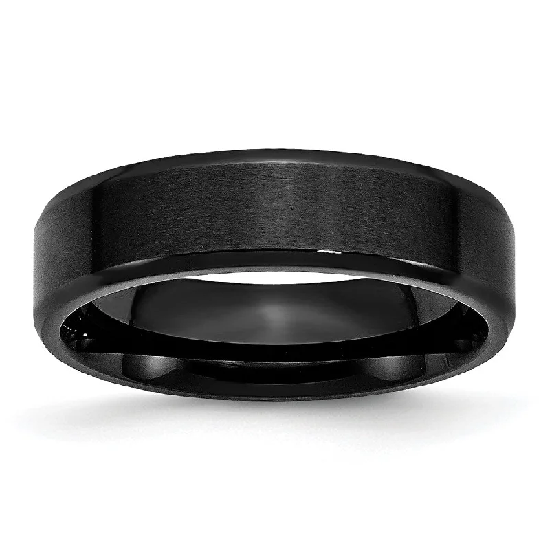 Adjustable Diamond Rings-6mm Black Plated Stainless Steel Brushed & Beveled Edge Band