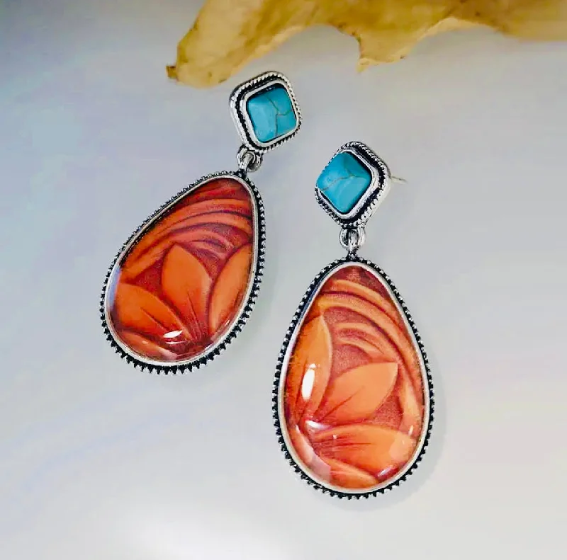 Vibrant Colorful Earrings-Turquoise Floral Water Drop Earrings