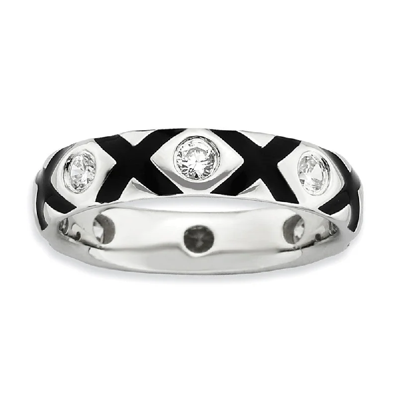 Classic Silver Engagement Rings-Sterling Silver, Black Enamel & CZ Hugs & Kisses Stackable Band