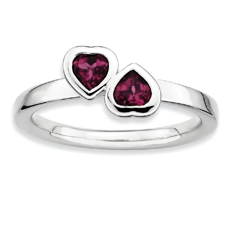 Beautiful Custom Rings-Sterling Silver Stackable Double Heart Rhodolite Garnet Ring