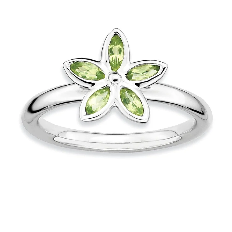 Modern Gemstone Rings-Silver Stackable .41 Cttw Peridot Flower Ring