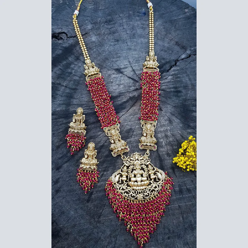 Silver Gemstone Necklaces-Sangita Creation  Copper Gold  Pota Stone Temple Long  Necklace Set