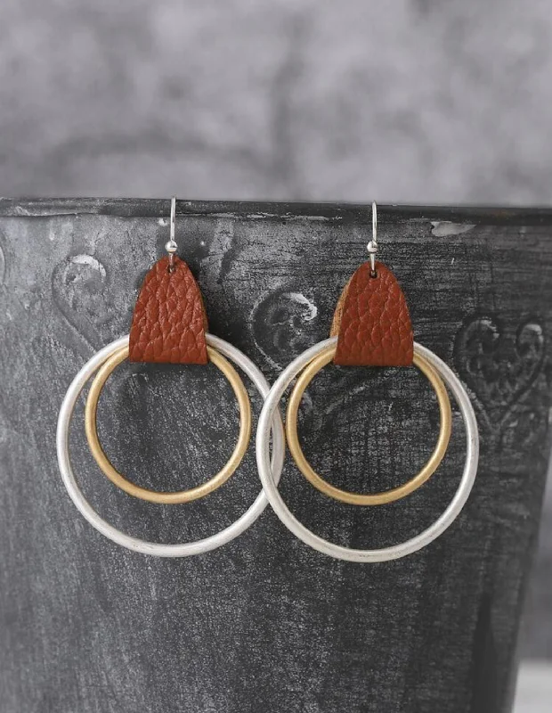 Retro Style Earrings-Leather Wrapped Silver and Gold Hoop Earrings